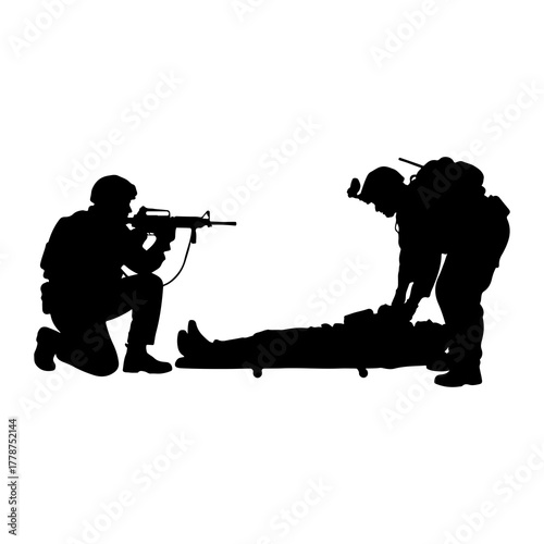 Soldiers assist injured comrade on stretcher military