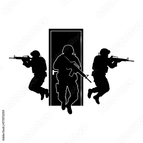 Soldiers breaching doorway with rifles military