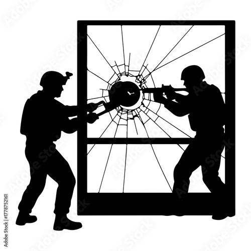 Soldiers breaching shattered glass silhouette tactical gear