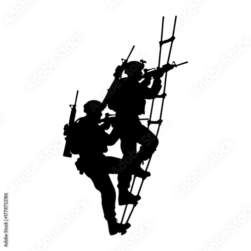 Soldiers climbing rope ladder with rifles tactical gear