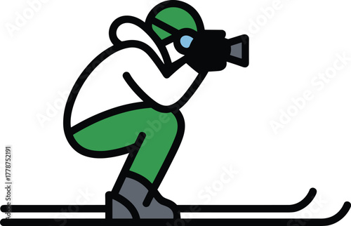 Cartoon illustration of a skier crouched down holding a video camera, ready to film