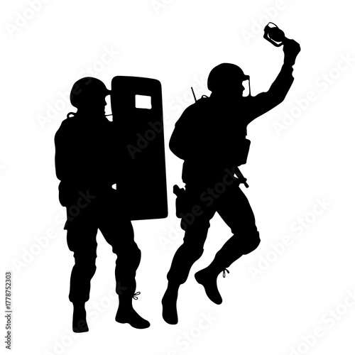 Soldiers with riot shield and flashlight tactical gear