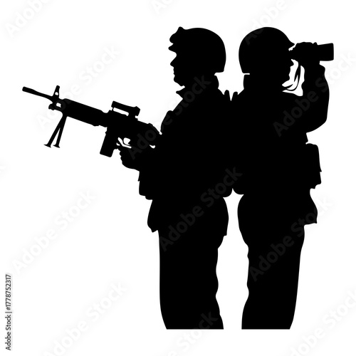 Soldiers with weapon and binoculars military silhouette