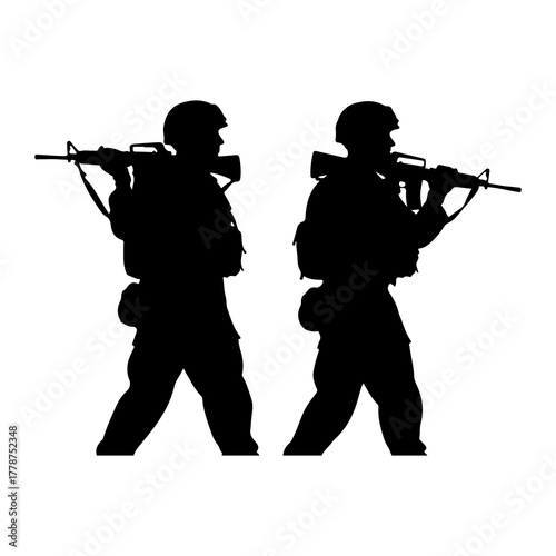 Two soldiers holding rifles military uniform