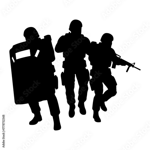 Tactical team advancing with shield and rifle soldiers