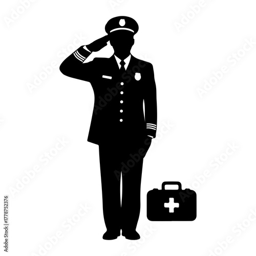 Uniformed figure saluting with medical kit silhouette