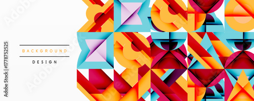 Abstract geometric shapes create vibrant colorful background. Patterns overlap, forming dynamic visual texture. Design feels modern, energetic.