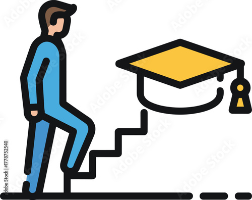Person ascending stairs towards a graduation cap, representing educational advancement and future prospects