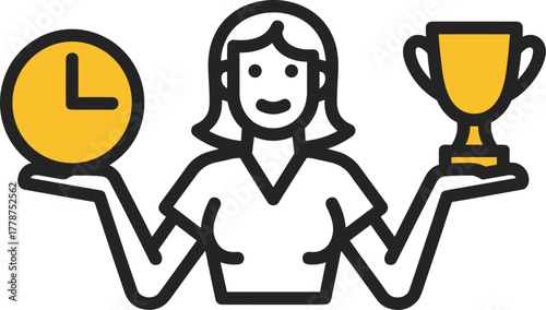 Woman holding a clock and a trophy, symbolizing time management and success