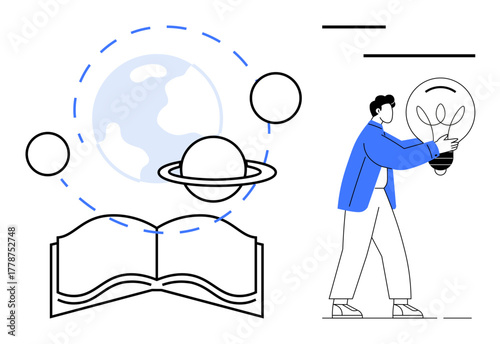 Open book with planets orbiting symbolizes knowledge and exploration. Person holding light bulb represents creativity, innovation, thinking, and discovery. Ideal for education, science, learning