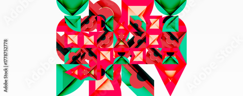 Abstract geometric composition. Red, green, black shapes interlock, creating complex pattern. Minimalist design, flat aesthetic.