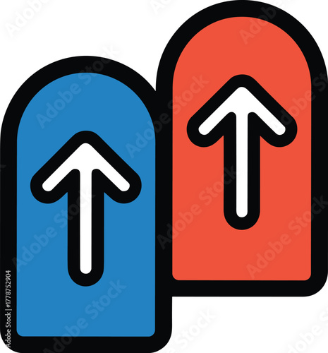 Two upward arrows on a, one blue and one red, symbolizing progress and direction