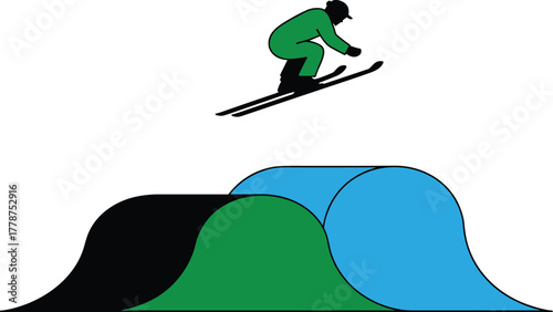 A skier in midair performing a jump over a ramp, showcasing extreme sports and winter recreation