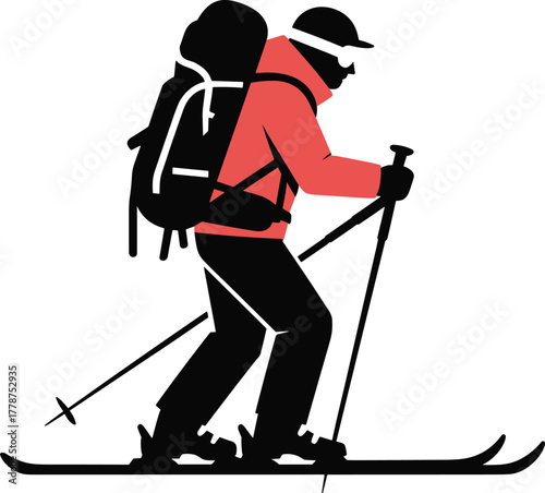 A skier with a backpack and poles, dressed in winter clothing, preparing for a ski tour on a