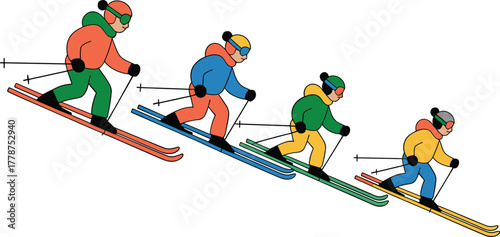 Four skiers in colorful ski suits descending a snowy slope