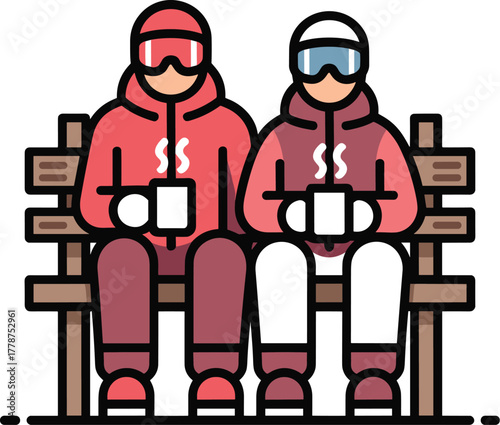 Two friends in red ski suits sitting on a wooden bench holding cups