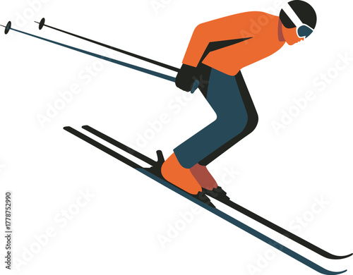Skier in orange jacket skiing downhill with poles