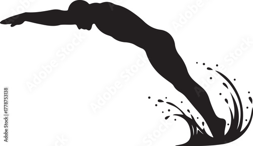 Dynamic silhouette of a swimmer or diver plunging into water with a splash, representing aquatic sport and active lifestyle