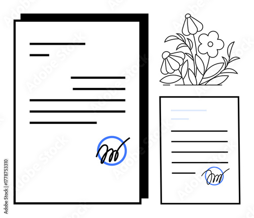 Official documents featuring handwritten signatures and decorative flowers. Ideal for contracts, agreements, formalities, authenticity, professionalism, legal representation, simple flat metaphor