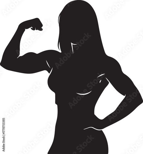  Strong woman or female bodybuilder silhouette flexing her bicep, representing fitness, strength, and empowerment in a graphic icon style
