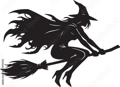 Mystical Witch Riding a Broomstick Silhouette - Ideal for Halloween, Magic, and Fantasy Themes, Featuring a Sorceress or Enchantress Character