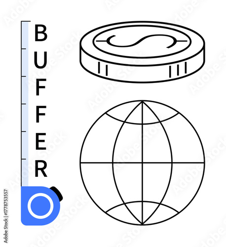 Buffer level indicator, coin symbolizing money, globe representing world connectivity. Ideal for finance, technology, global economy, business, investment, financial strategy simple flat metaphor