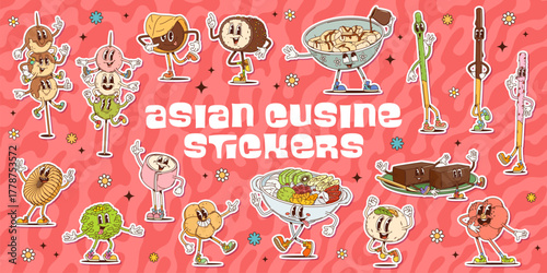 Groovy Asian cuisine characters stickers with funny Japanese desserts and sweets, cartoon vector. Groovy stickers with funny Japanese namagashi dessert or pocky stick biscuit and marmalade characters