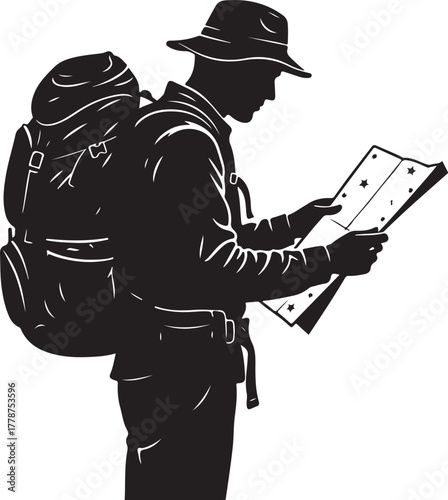 Silhouette of a Hiker or Backpacker Reading a Map for Outdoor Adventure and Navigation, a Concept of Exploration and Travel Planning.