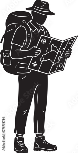 Hiker or Traveler with Backpack Reading Map, Outdoor Navigation and Adventure Illustration, Wayfinding Journey.