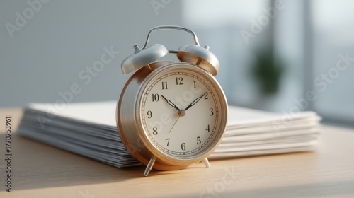 Wallpaper Mural Vintage alarm clock beside neat stack of documents in a bright office, emphasizing productivity and time management for business settings Torontodigital.ca