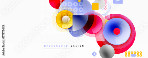 Abstract geometric shapes overlap. Circles, squares, lines create dynamic composition. Light colors dominate design. Minimal text present.