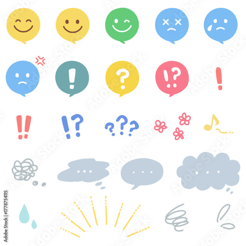 感情を表すかわいい吹き出しと漫符のアイコンセット　パステルカラーの手描きの絵文字素材