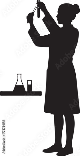 Female scientist or researcher silhouette conducting a chemistry experiment with test tubes and laboratory glassware in a lab setting, symbolizing discovery and innovation