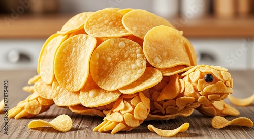 Creative Tortoise Made from Potato Chips on Wooden Table