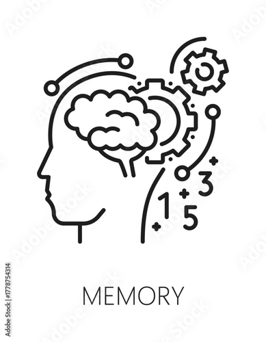 Memory cognitive ability line icon or sign. Memory therapy lineart vector icon, cognitive ability development thin line sign. Mental capability pictogram with brain and cogwheels in human head