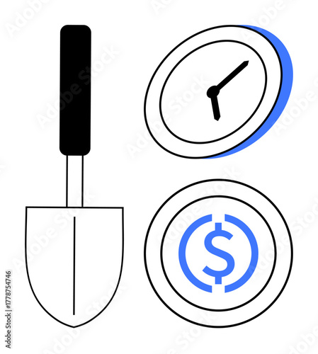 Clock, coin, and shovel highlighting resource management, investment, time value, labor, and productivity. Ideal for business finance agriculture economy work-life balance growth. Simple flat