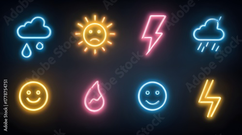 Various weather and emotional state icons rendered in vibrant neon style against a dark background