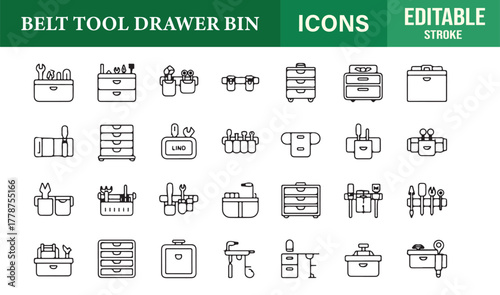 Modern thin stroke vector pack of belt tool storage drawers and containers for industrial use.