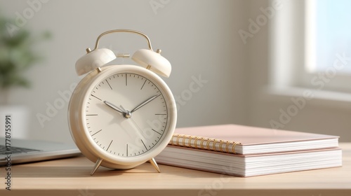 Wallpaper Mural Classic Alarm Clock on Wooden Desk Next to Laptop and Planner in Bright Workspace with Natural Light Torontodigital.ca