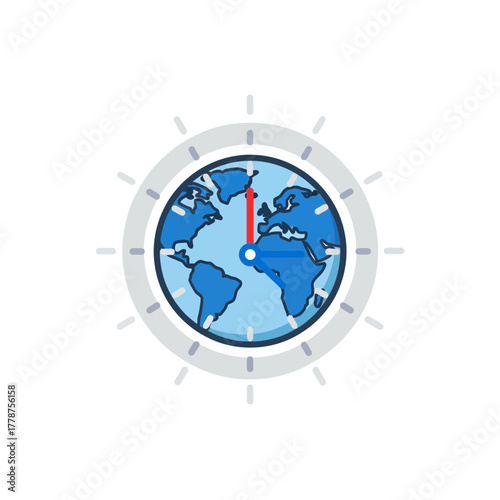 Vibrant illustration of a world clock depicting global time zones, symbolizing international communication, business synchronization, and worldwide travel coordination