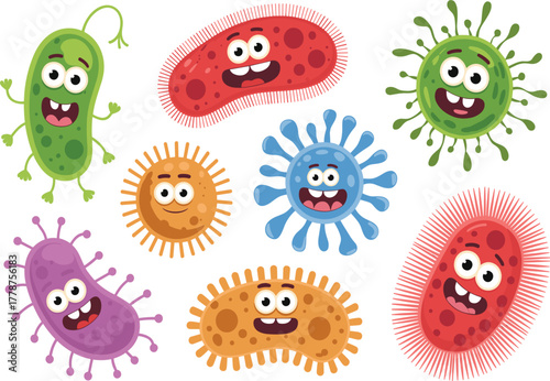 Cute Germs and Bacteria Cartoon Vector Set - Funny Virus and Microbe Mascot Collection - Science Education
