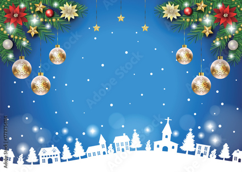 クリスマス背景、街並みシルエット、青、オーナメント、かわいい、イラスト、横