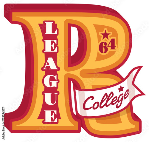 American varsity sport letter R, university team patch label. Sport champion typography sign vector badge, varsity team vintage emblem patch. College campus club label with ribbon and retro typography