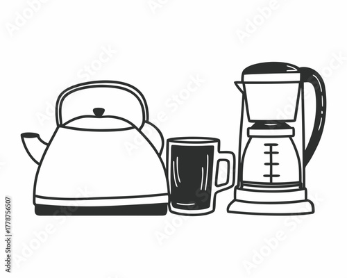 Illustration of a kettle, mug, and coffee maker