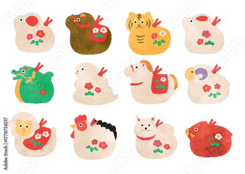 十二支の置物のイラストセット　水彩タッチ