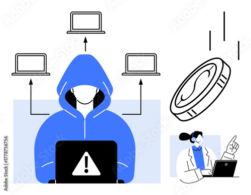 Hacker in hoodie with laptop targeting online data, connected laptops, cybersecurity vulnerability, financial data breach, and expert analyzing solutions. Ideal for security, fraud, crime, data