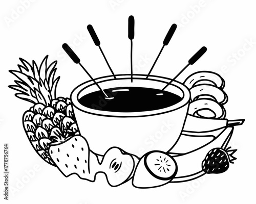 Illustration of a chocolate fondue with fruits
