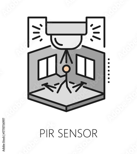 Home security PIR sensor color line icon or label. House protection technology thin line vector icon, home alarm service lineart sign. Safety company symbol with movement detection infrared sensor