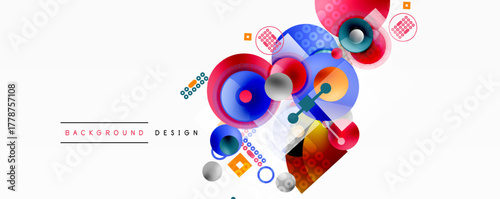 Abstract colorful design. Circles, squares, dots create dynamic composition. Modern background with vibrant elements, clean aesthetic.
