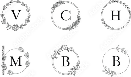Floral Monogram Line Art Vector Set - Initial Letter Logo with Hand Drawn Botanical Wreath - Elegant Wedding Design